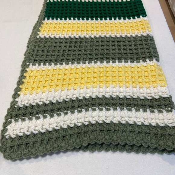 Handmade Crochet striped Blanket Green Yellow White Waffle Soft Warm throw - Picture 10 of 12
